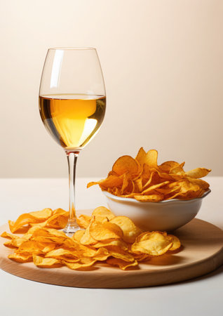 Wine with potato chips. Off-the-Wall Culinary Fusion. Minimalist compositionの素材