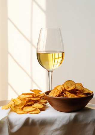 Wine with potato chips. Off-the-Wall Culinary Fusion. Minimalist compositionの素材