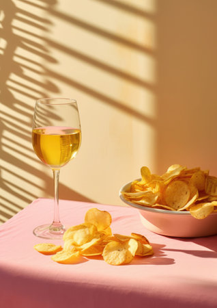 Wine with potato chips. Off-the-Wall Culinary Fusion. Minimalist compositionの素材
