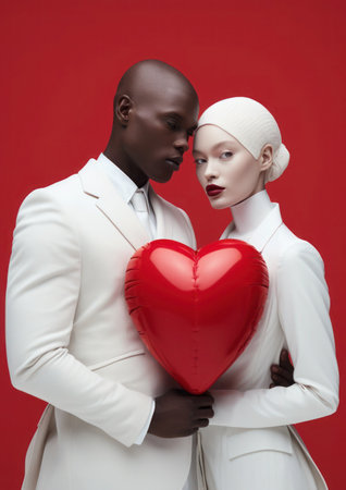Concept for valentine's day. A loving interethnic couple poses with a red heart-shaped inflatable balloon. creative minimalist compositionの素材