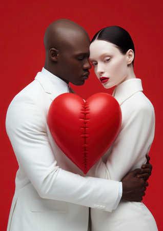Concept for valentine's day. A loving interethnic couple poses with a red heart-shaped inflatable balloon. creative minimalist compositionの素材