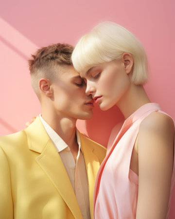 Concept for Valentine's Day. Loving couple in pastel pink and yellow outfit. creative minimalistic compositionの素材