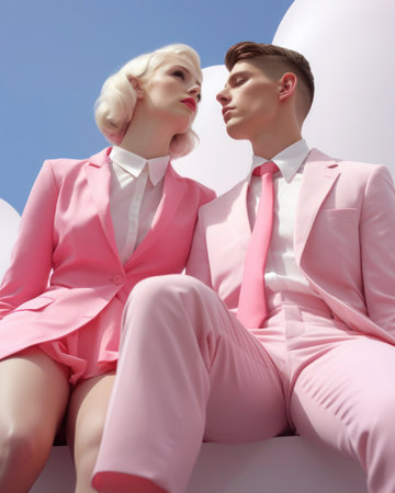 Concept for Valentine's Day. Loving couple in pastel pink colors. Barbiecore aesthetic style. Creative minimalist composition.の素材