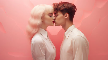 Concept for Valentine's Day. Loving couple in pastel pink colors. Barbiecore aesthetic style. Creative minimalist composition.の素材
