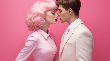 Concept for Valentine's Day. Loving couple in pastel pink colors. Barbiecore aesthetic style. Creative minimalist composition.の素材