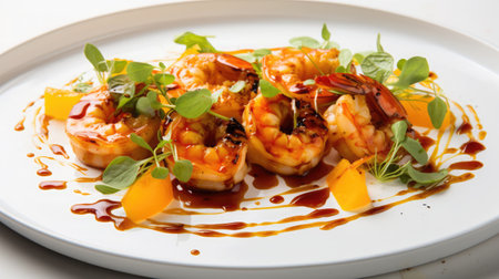 Smoky grilled prawns glazed with orange. Mediterranean dietの素材