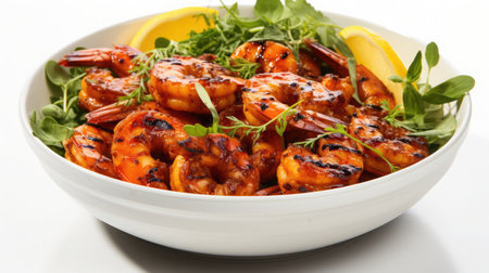 Smoky grilled prawns glazed with orange. Mediterranean dietの素材