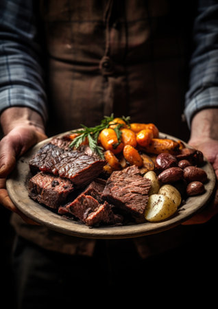 Bison Roast: A rustic shot featuring slices of bison roast on a wooden platter, symbolizing the connection to the land and history. The warm background adds a comforting feel. Native American Recipesの素材