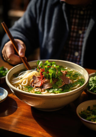 Pho Bo traditional Soup with beef, rice noodles, ginger, lime, chili pepper in bowl. Close up. Vietnamese and Asian cuisine.の素材