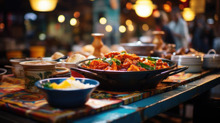 An energetic shot of diverse street food stalls, showcasing a variety of global flavorsの素材