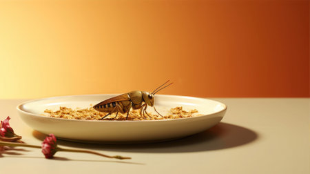 The concept of complete protein from insects is the food of the future. Locust or cricket on a ceramic plate. Insect flour is an incredible alternative source of protein.の素材