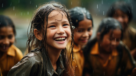 Portrait of a beautiful girl in the summer rain. Carefree and joyful atmosphere of happy childhood moments.の素材