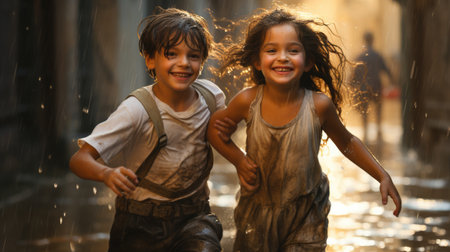Children in the summer rain. Carefree and joyful atmosphere of happy childhood moments.の素材