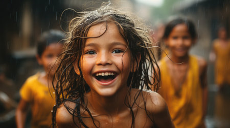 Children in the summer rain. Carefree and joyful atmosphere of happy childhood moments.の素材