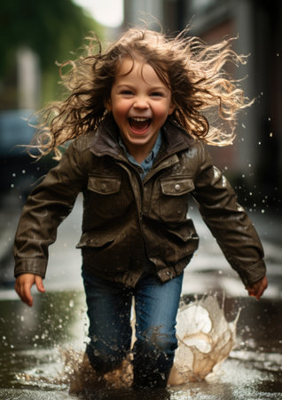 Children in the summer rain. Carefree and joyful atmosphere of happy childhood moments.の素材