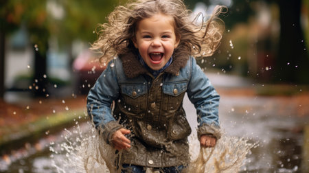 Children in the summer rain. Carefree and joyful atmosphere of happy childhood moments.の素材