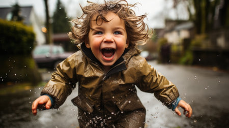 Children in the summer rain. Carefree and joyful atmosphere of happy childhood moments.の素材