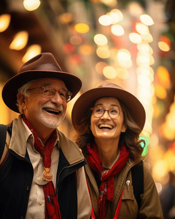 An endearing image of senior couples enjoying a leisurely stroll through a picturesque town square, their smiles capturing the joy of creating lasting memories together.の素材