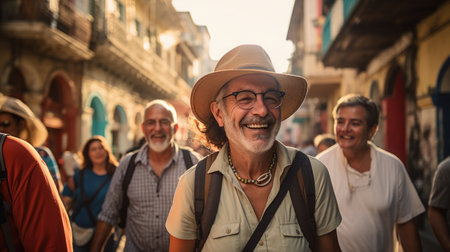 An endearing image of senior couples enjoying a leisurely stroll through a picturesque town square, their smiles capturing the joy of creating lasting memories together.の素材