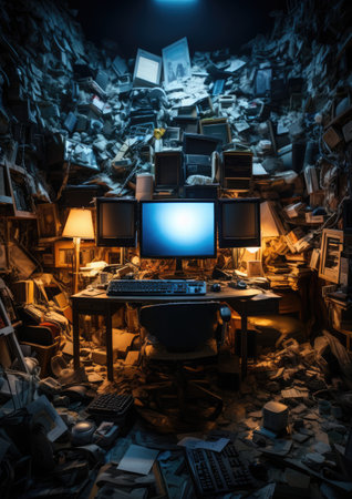 Concept of Information Overload. A computer monitor displays an overflowing virtual workspace, symbolizing a multitude of tasks and information demanding attention. Top-down shot, showcasing the chaosの素材