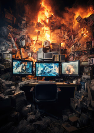 Concept of Information Overload. A computer monitor displays an overflowing virtual workspace, symbolizing a multitude of tasks and information demanding attention. Top-down shot, showcasing the chaosの素材