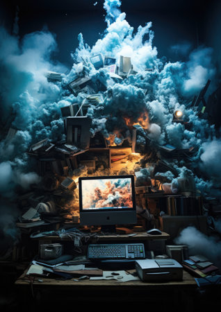 Concept of Information Overload. A computer monitor displays an overflowing virtual workspace, symbolizing a multitude of tasks and information demanding attention. Top-down shot, showcasing the chaosの素材