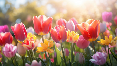 Colorful panoramic spring banner of fresh whimsical tulipsの素材