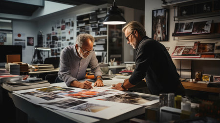 Senior designer collaborating with a younger colleague on a creative project. A vibrant and energetic design studio filled with creative tools and colorful artwork.の素材
