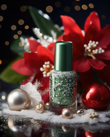 A bottle of nail polish for Christmas nail art with red and green accents and a slight shimmerの素材