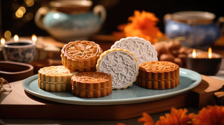 A mooncake is a Chinese bakery product traditionally eaten during the Mid-Autumn Festival. The festival is about lunar appreciation and Moon watching, and mooncakes are regarded as a delicacy and traditional gift to clients and relatives.の素材
