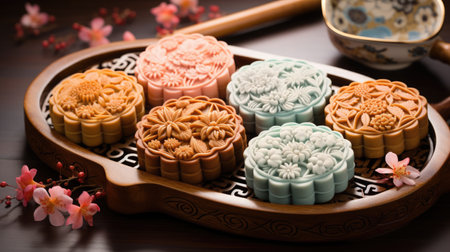 A mooncake is a Chinese bakery product traditionally eaten during the Mid-Autumn Festival. The festival is about lunar appreciation and Moon watching, and mooncakes are regarded as a delicacy and traditional gift to clients and relatives.の素材