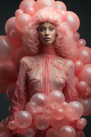 Creative portrait of a beautiful girl on the background of balloons. Pastel pink romantic background.の素材