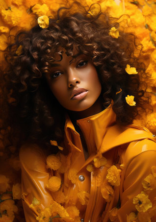 Portrait of a beautiful curly African girl in a bright yellow dress with flower.の素材
