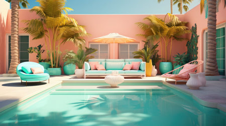 A chromatic, glamorous poolside lounge area in a playful, surreal style. The poolside oasis is filled with bright sunlight. Pastel blue and pink color.の素材