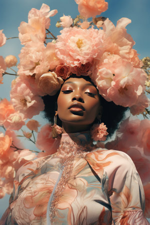 Creative portrait of a captivating African woman dressed in soft, spring-inspired colors against the backdrop of a pastel, cloudy sky to evoke a retro aestheticの素材