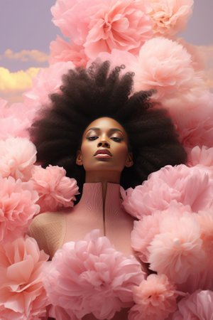Creative portrait of a captivating African woman dressed in soft, spring-inspired colors against the backdrop of a pastel, cloudy sky to evoke a retro aestheticの素材