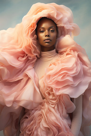 Creative portrait of a captivating African woman dressed in soft, spring-inspired colors against the backdrop of a pastel, cloudy sky to evoke a retro aestheticの素材