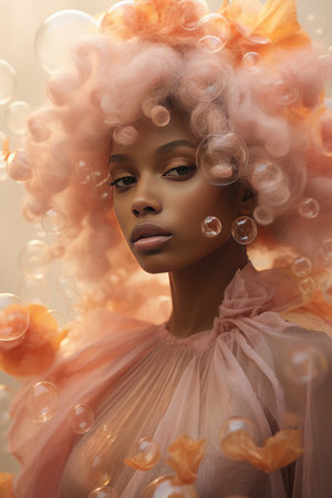 Creative portrait of a captivating African woman dressed in soft, spring-inspired colors against the backdrop of a pastel, cloudy sky to evoke a retro aestheticの素材