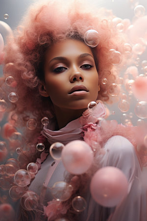 Creative portrait of a captivating African woman dressed in soft, spring-inspired colors against the backdrop of a pastel, cloudy sky to evoke a retro aestheticの素材