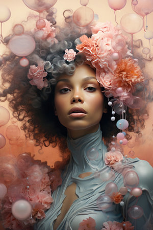 Creative portrait of a captivating African woman dressed in soft, spring-inspired colors against the backdrop of a pastel, cloudy sky to evoke a retro aestheticの素材