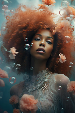 Creative portrait of a captivating African woman dressed in soft, spring-inspired colors against the backdrop of a pastel, cloudy sky to evoke a retro aestheticの素材