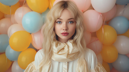 Portrait of a young beautiful attractive blonde woman on a creative background in pastel shades. spring romantic vibe.の素材