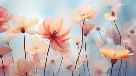 Blurred of flowers with bokeh soft blur in the pastel vintage retro tone for background. Valentine or wedding invitation card, romance soft grass flowers field sweet natureの素材