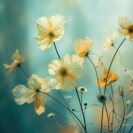 Blurred of flowers with bokeh soft blur in the pastel vintage retro tone for background. Valentine or wedding invitation card, romance soft grass flowers field sweet natureの素材