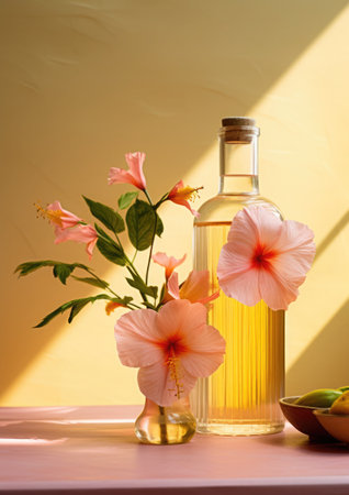 electrolyte drink with hibiscus in a glass bottle, minimalist still life, bold color combinations.の素材