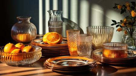 a lot of retro dishes made of transparent glass, a decorative composition, a bright background, light and shadows.の素材