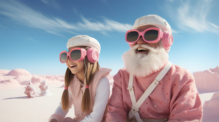 stylish Santa Claus in a trendy rainbow-tinted VR headset joins fashion-forward children and embarks on a virtual holiday adventure on metaverse.の素材