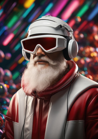 stylish Santa Claus in a trendy rainbow-tinted VR headset embarks on a virtual holiday adventure on metaverse.の素材