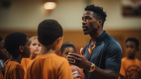 A volleyball coach instructs a group of young players on serving techniques during a practice session. The coach's gestures and the players' focused expressions convey the dynamics of the learning process.の素材