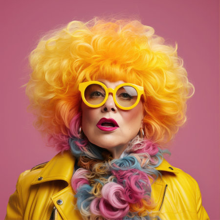 A strange old woman in a ridiculously bright yellow and pink outfit. City folkの素材